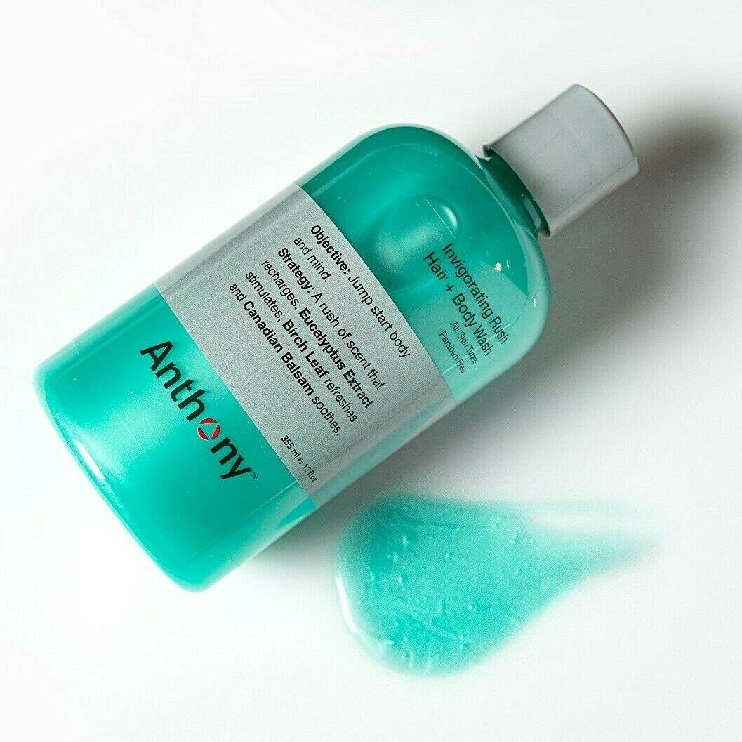 Anthony Mens Body Wash and Shampoo: Invigorating Rush 2-In-1 Liquid Gel Soap & Hair Shampoo, Pine Wood Scent, Hydrating with Eucalyptus, Canadian Balsam, Birch Leaf, Charcoal, Sea Kelp, 12 Fl. Oz