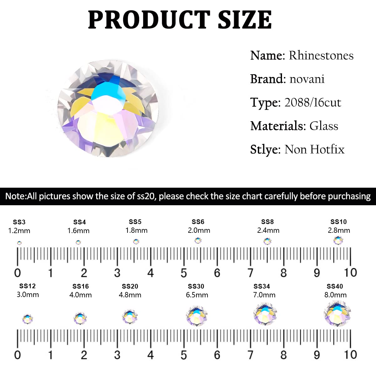 Novani Moon Night Rhinestones 1440pcs Flat Back Round Rhinestone Style 2088 Sparkly Crystal Gemstones for Nail Art and Crafting SS16,3.8-4.0mm