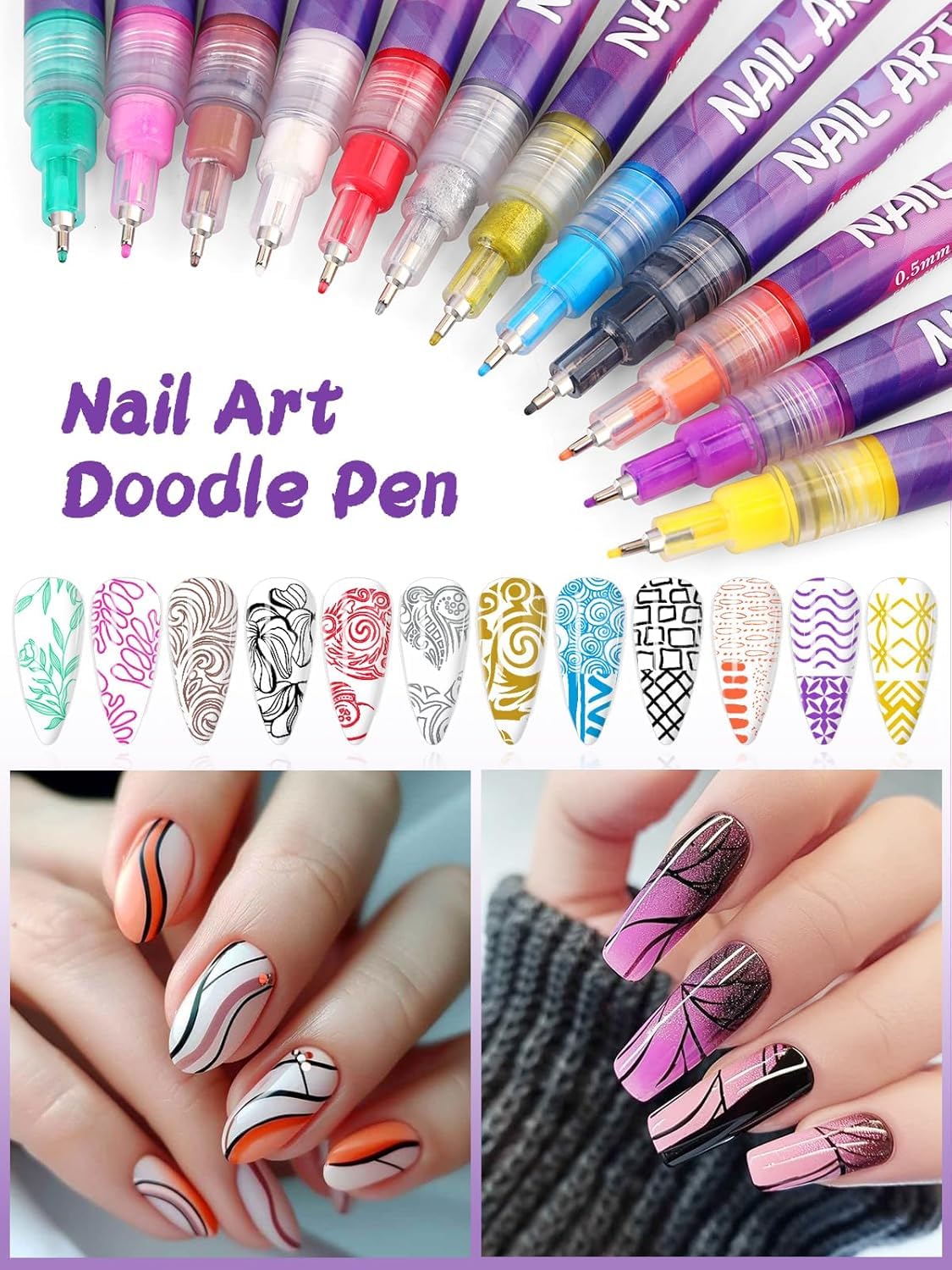 12 Color Nail Art Pens Set, Kalolary Nail Art Markers Polish Pens Nail Point Graffiti Dotting Pen Drawing Painting Liner Brush for DIY Nail Art Beauty Adorn Manicure Tools