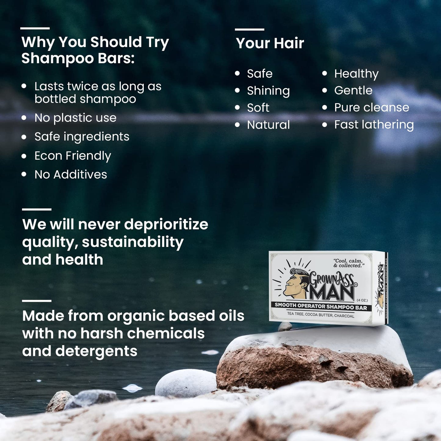 Solid Shampoo Bar Rich Lather 3 in 1: Hair, Beard & Body Wash - Plastic Free & Eco-Friendly, Natural & Organic Clean for All Hair Types, 4oz Bar (Smooth Operator, 6-Pack)