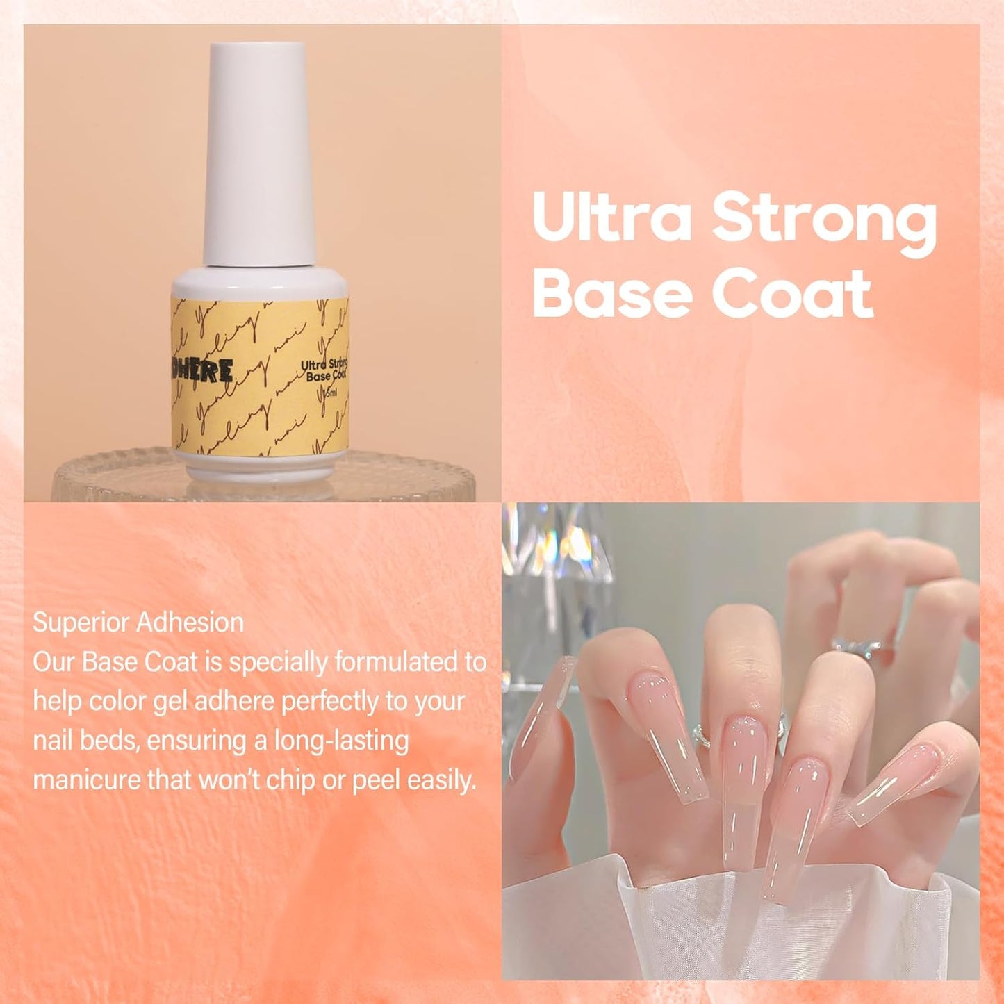 ADHERE Ultra Strong Base Coat for Nail Charms & Press on Nails, 15ml Long-Lasting Gel Polish, Soak Off LED Lamp UV Clear Foundation for Salon & DIY Art Design Manicure