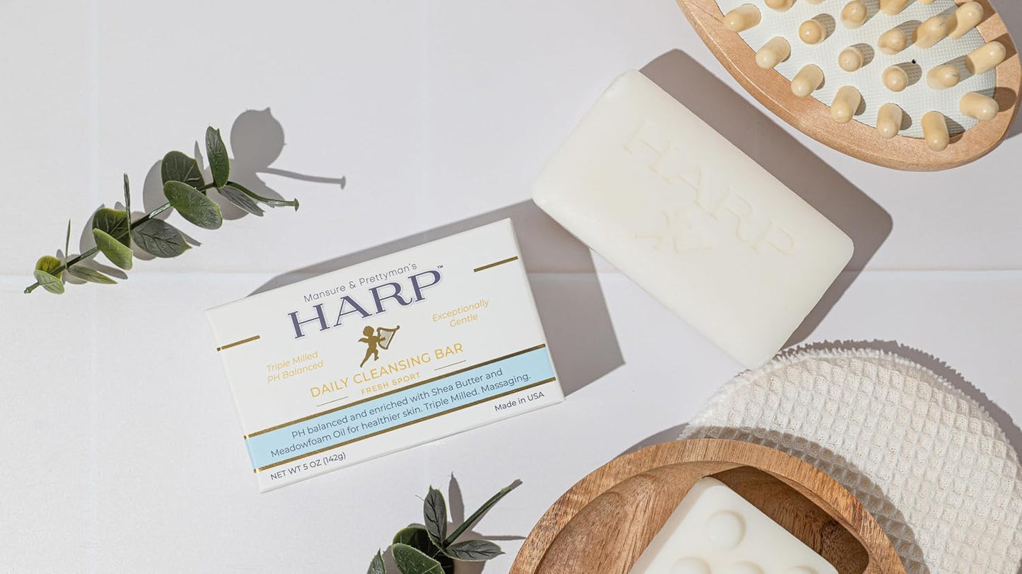 HARP pH-Balanced (5.0-6.0) Body Wash Bar. ZERO saponified oils. Protects Moisture Barrier. Gentle for Sensitive/Dry skin. + Shea Butter/Borage Oil. Non-Comedogenic. FRESH SPORT Fragrance.
