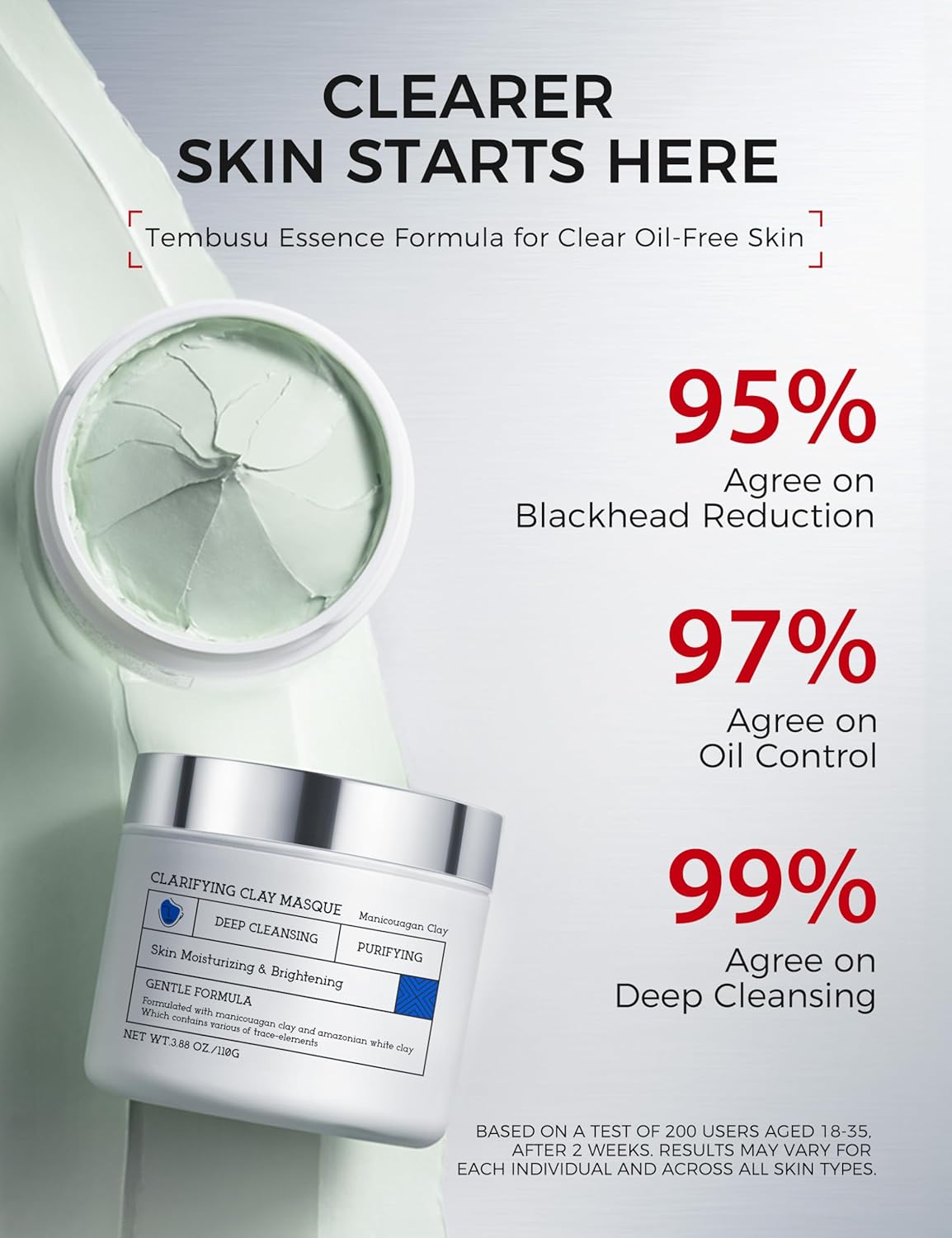 Tembusu Essence Clay Mask for Sensitive Skin: Triple Mud Formula with Tembusu Extract, Deep Pore Cleanser, Hydrating, Oil Control, Texture Refining, Blackhead Removal – 3.88 Oz