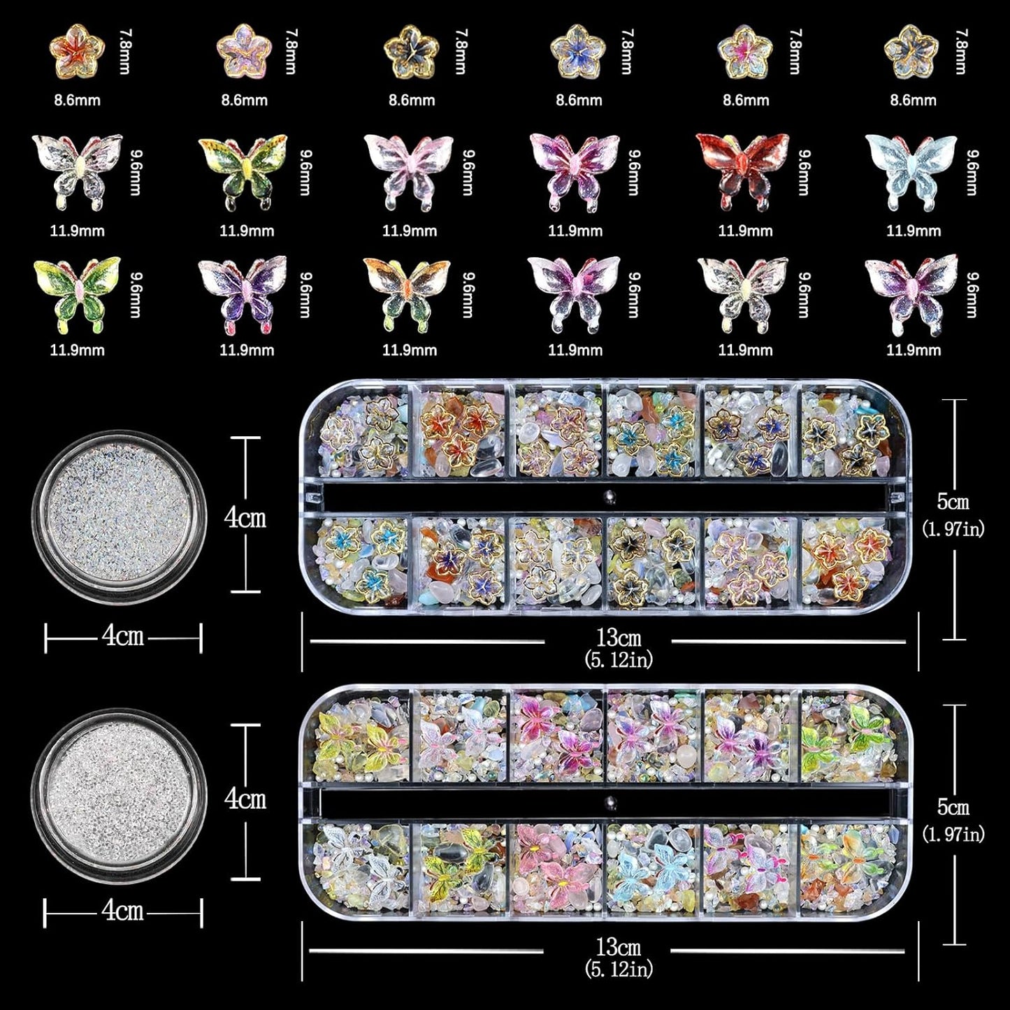 Rhinestones for Nails Butterfly Nail Charms 3D Flower for Nails Mixed Assorted Color Butterflies Flower Shape Design Gems Jewelry Accessories for Women DIY Manicure Supplies Decorations.