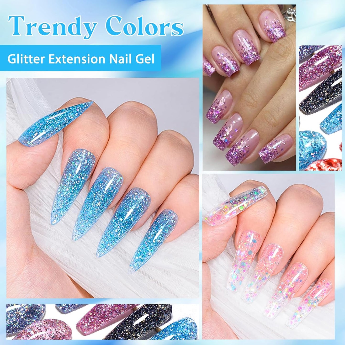 MEET ACROSS 20ML Poly Nail Gel Set - 6 Colors Glitter Sequins Extension Nails, Blue Black Red Purple Long Lasting, Shiny-looking, Strong Builder Enhancement for Salon Manicure DIY at Home