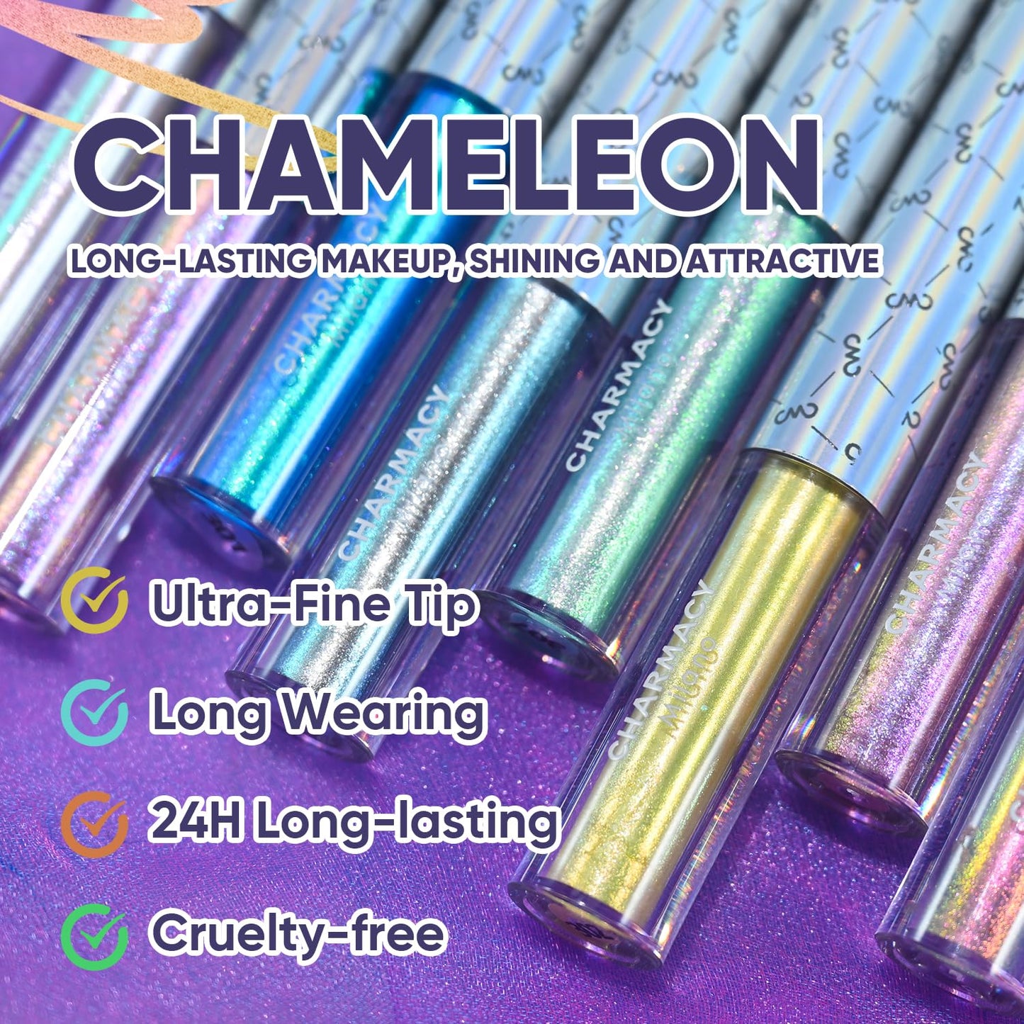 CHARMACY Chameleon Liquid Glitter Eyeliner - Highly Pigmented, Metallic MultiColor Shifting, Waterproof, Ultra-Fine Tip, Longwearing, Smudge-proof (#302)