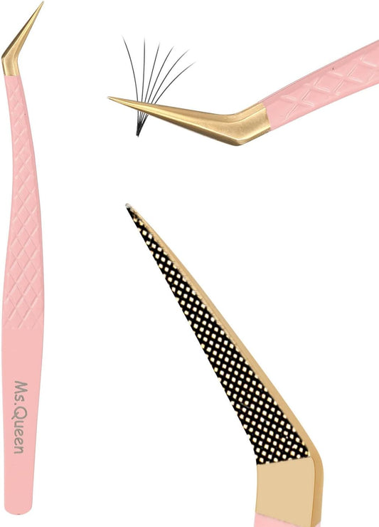 Ms.Queen Volume Tweezers for Eyelash Extensions, Fiber Tip Grip Lash Tweezers for Volume Lashes