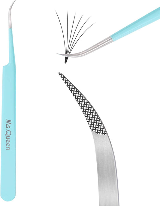 Ms.Queen Lash Tweezers for Eyelash Extensions,Professional 5Pcs Fiber Tip Curved Isolation 45 90 Degree Boot Volume Lash Tweezers for Extensions, Blue