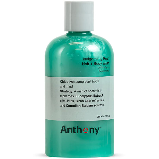 Anthony Mens Body Wash and Shampoo: Invigorating Rush 2-In-1 Liquid Gel Soap & Hair Shampoo, Pine Wood Scent, Hydrating with Eucalyptus, Canadian Balsam, Birch Leaf, Charcoal, Sea Kelp, 12 Fl. Oz