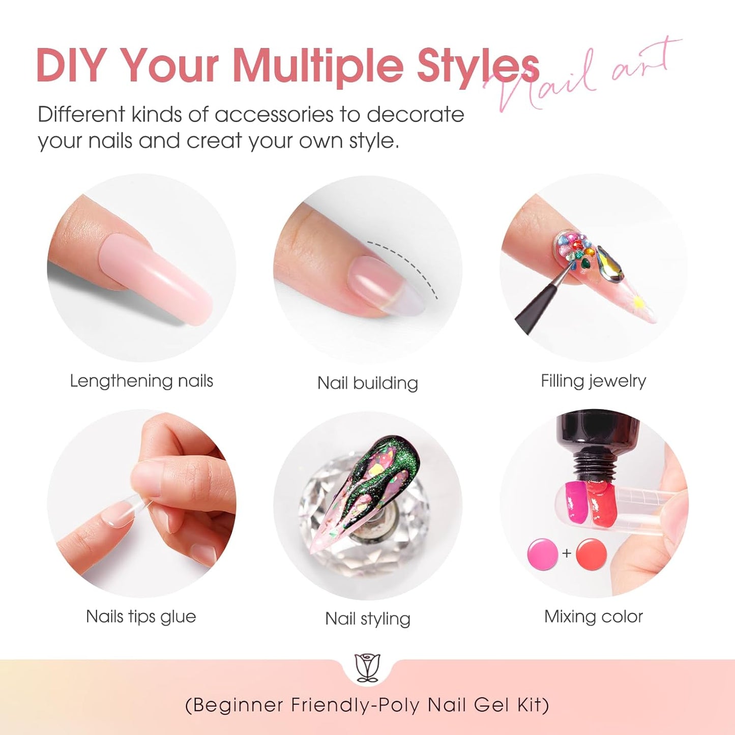 ROSALIND 8PCS Poly Nail Gel Kit with Mini Nail Lamp Clear Nude Purple Brown Poly Extension Gel Kit Mini Starter Kit