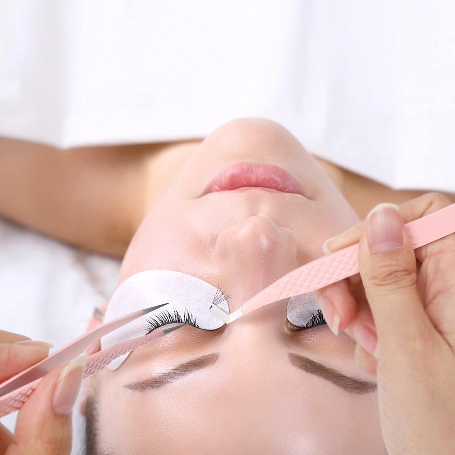 Lash Extension Tweezers Fiber Tips Volume Lash Tweezers Curved Precision Pink Eyelash Tweezers 90 Degree Angle Boot Great for Larger Fans Eyelash Extension Tweezers Professional