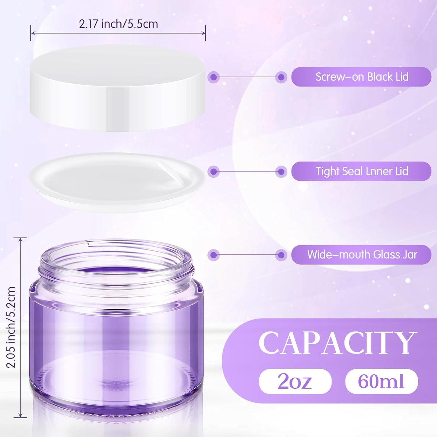 Domensi 32 Pcs 2 oz Glass Jars with Lids Travel Size Round Leakproof Empty Cosmetic Jars with Inner Liners Lid for Storing Makeup Lotions Face Cream Ointments Candle DIY Making (Light Purple)