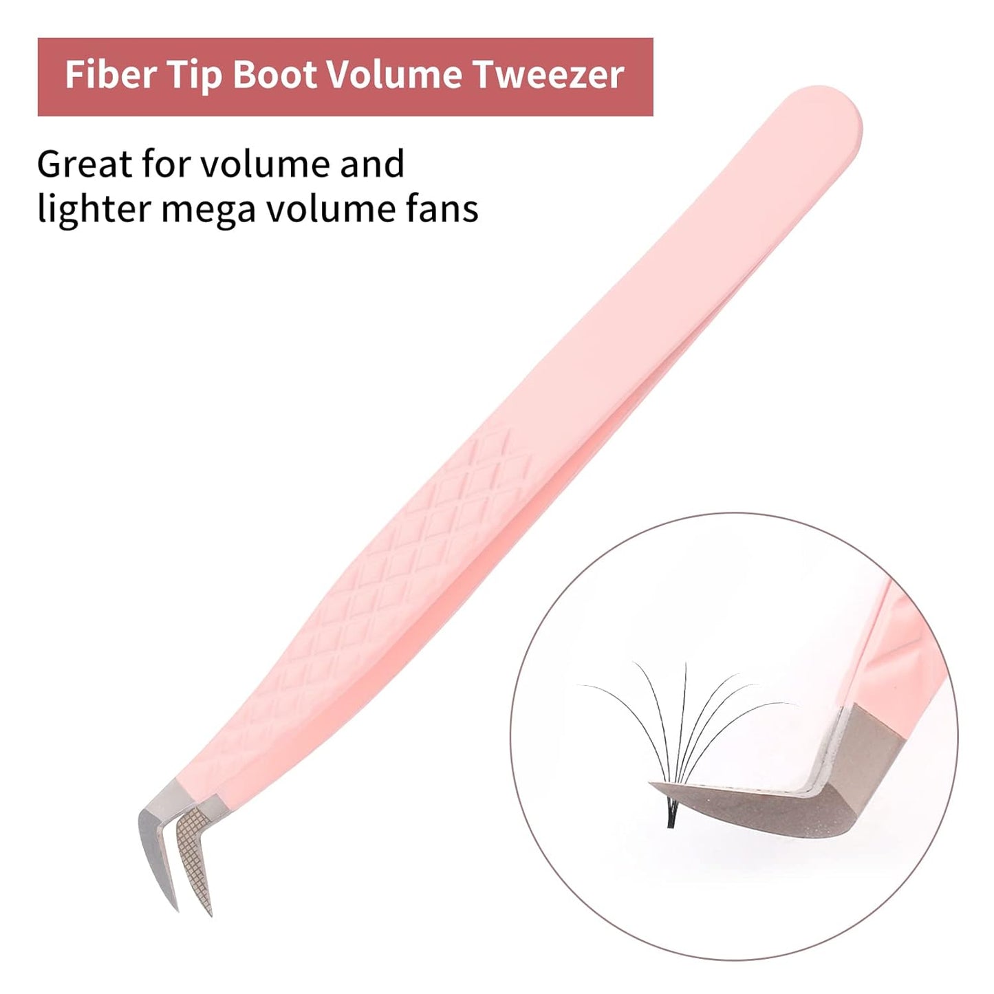 Lash Tweezers for Eyelash Extensions - Professional Artist Tech Work Kit Tools With Fiber Tip for Light or Mega Volume Fans - Curved Tweezers