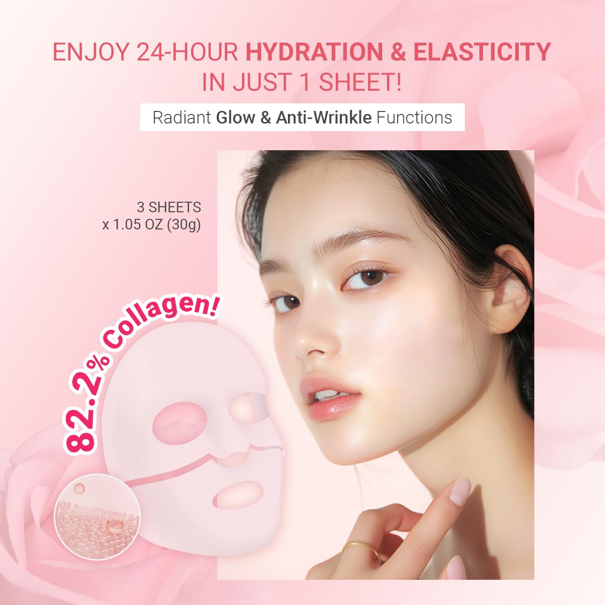 tenzero Rose Peptide Collagen Mask Pack 3 Sheets x 30g, Overnight Hydrogel Mask, Deep Hydrating, Elasticity Enhancing, Anti Wrinkle Lifting, Firming, Nourishing with Collagen, Rose Peptides