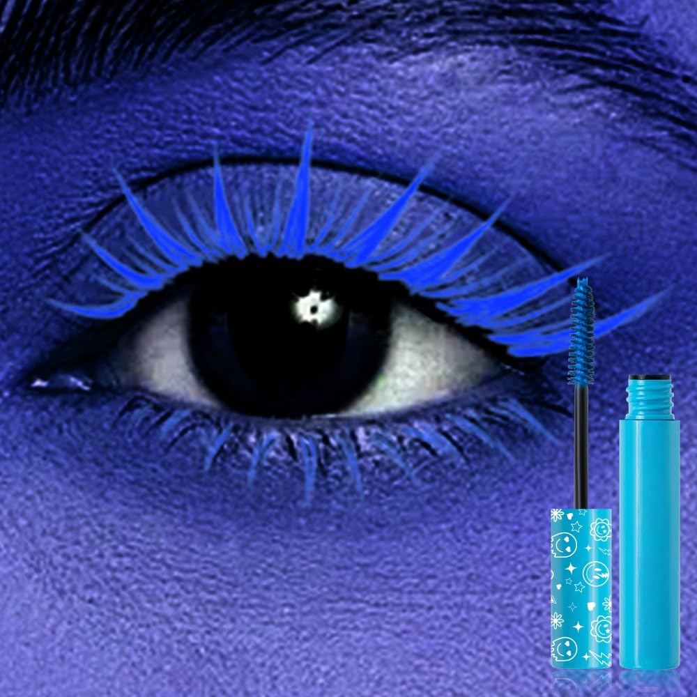 6 Colors Fluorescent Mascara, Glow Colored Mascara, Parties, Weddings, Stage Use, Party Night, Halloween Christmas Parties, High Pigmented, Apply to Eyelashes/Eyebrows/Hair (Blue)