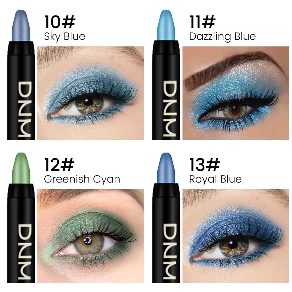 Kaely 4Pcs Metallic Shimmer Eye Shadow Sticks Set, Sky Blue Dazzling Blue Greenish Cyan Royal Blue, Eyeliner Pencil Eyeshadow Palette Halloween Makeup, Eye Highlighter Brightener Stick for Women