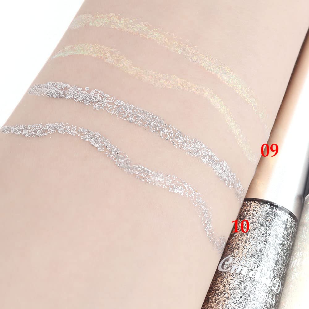 evpct 2Pcs Pearl White Silver Color Liquid Glitter Eyeliner Liners Sets for Women Liquid Sparkly Glitter Eyeliner delineador con glitter de colores para ojos colores 09+10