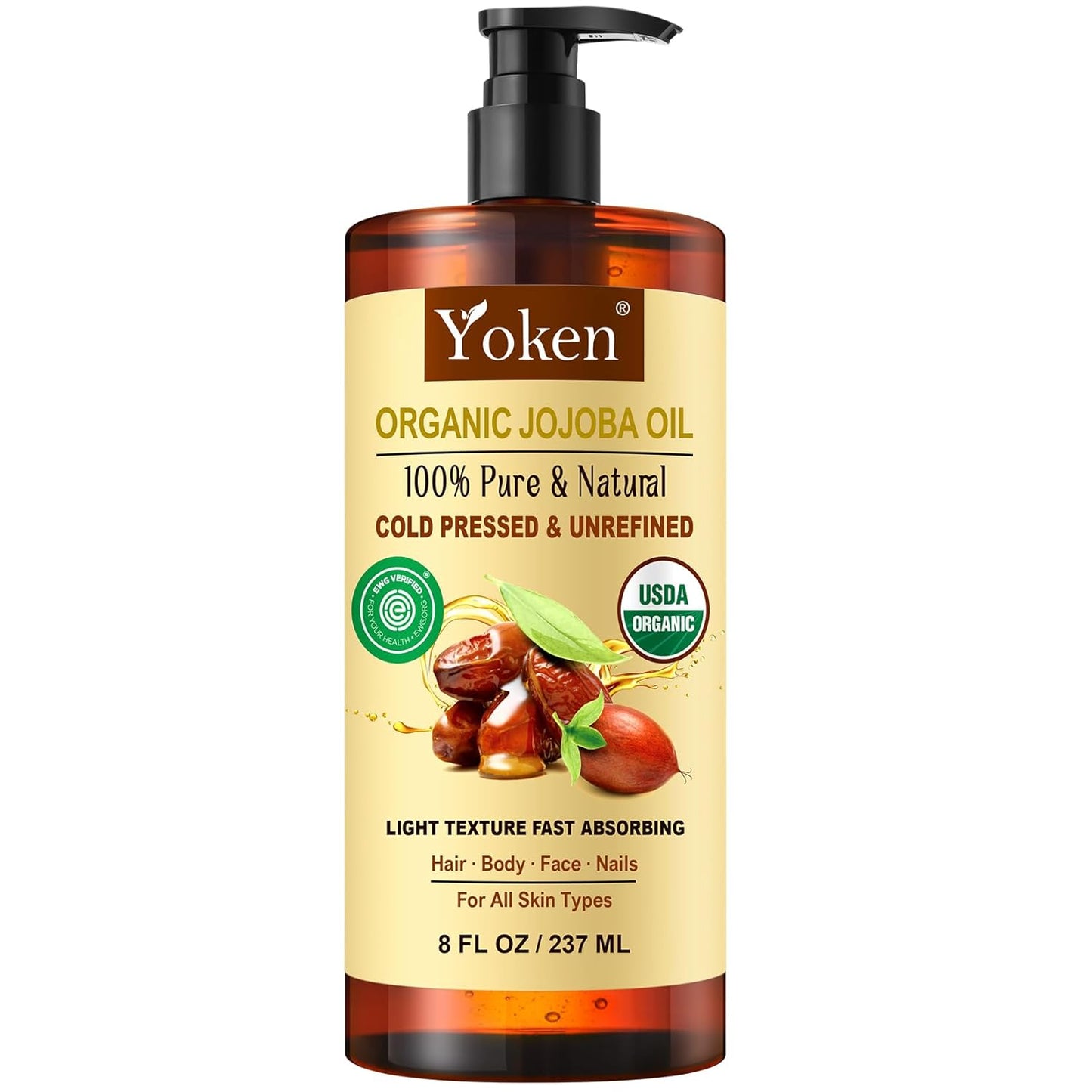 Yoken USDA Organic Jojoba Oil Cold Pressed 8 fl oz, 100% Pure & Natural Unrefined Jojoba Oil for Face Hair & Skin Massage, Hexane Free, Deeply Moisturizing Body Carrier oils Multi-Purpose Serum
