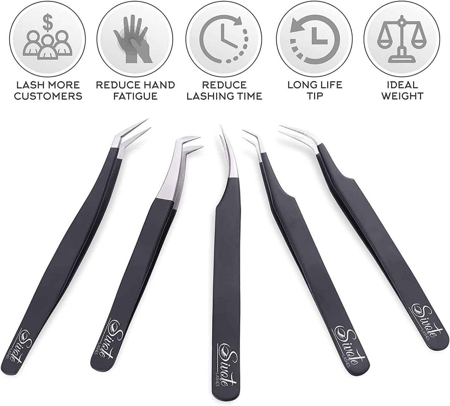 SIVOTE Eyelash Extension Tweezers for Classic & Volume Lashes, 5-Pack, Black