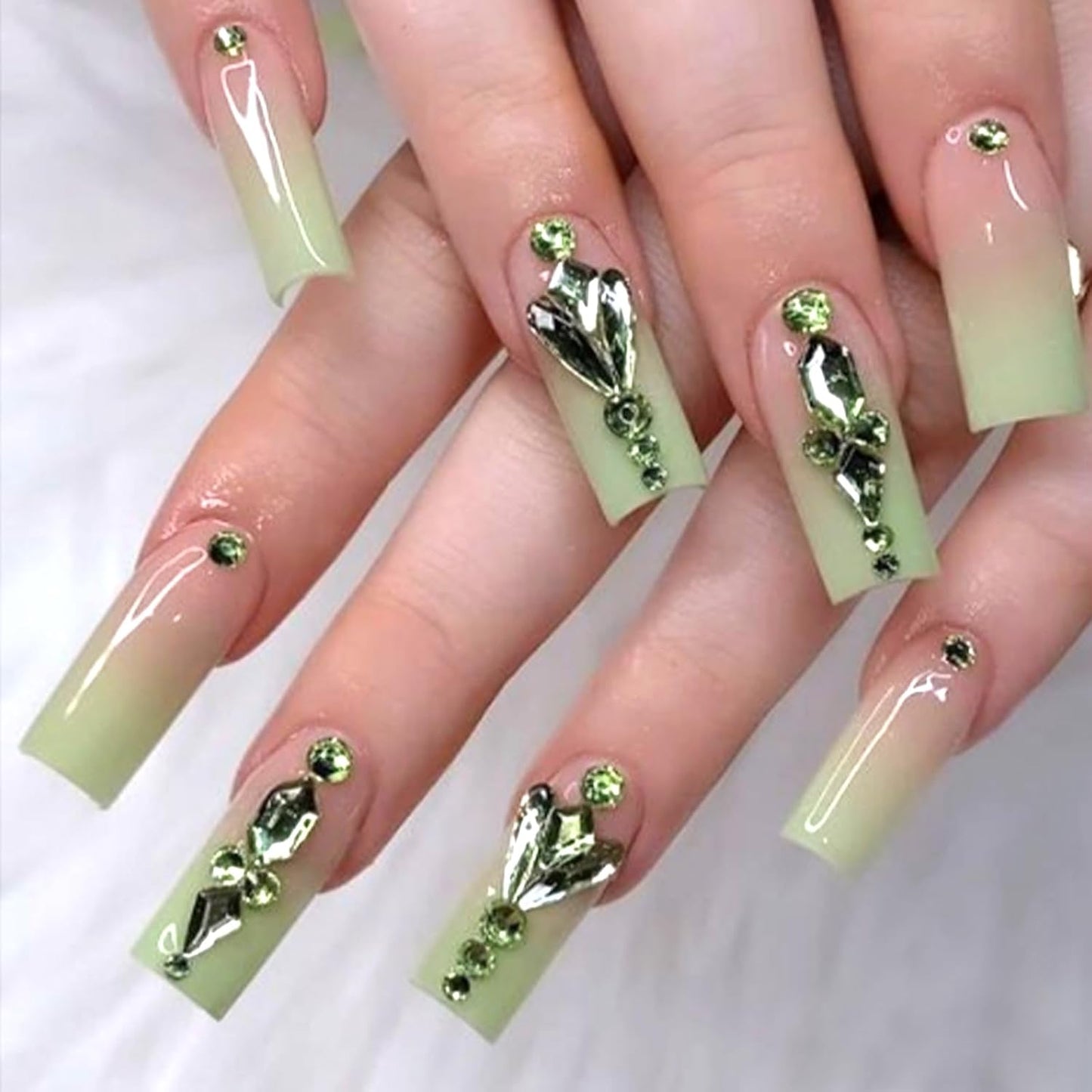 Nail Rhinestones - 3D Multi Shape Size, Flat Back, Manicure Rhinestones Charms, Crystal Light Green Gems, with Kit, for Nail Art, Bedazzling Acrylic Nails, DIY Decor