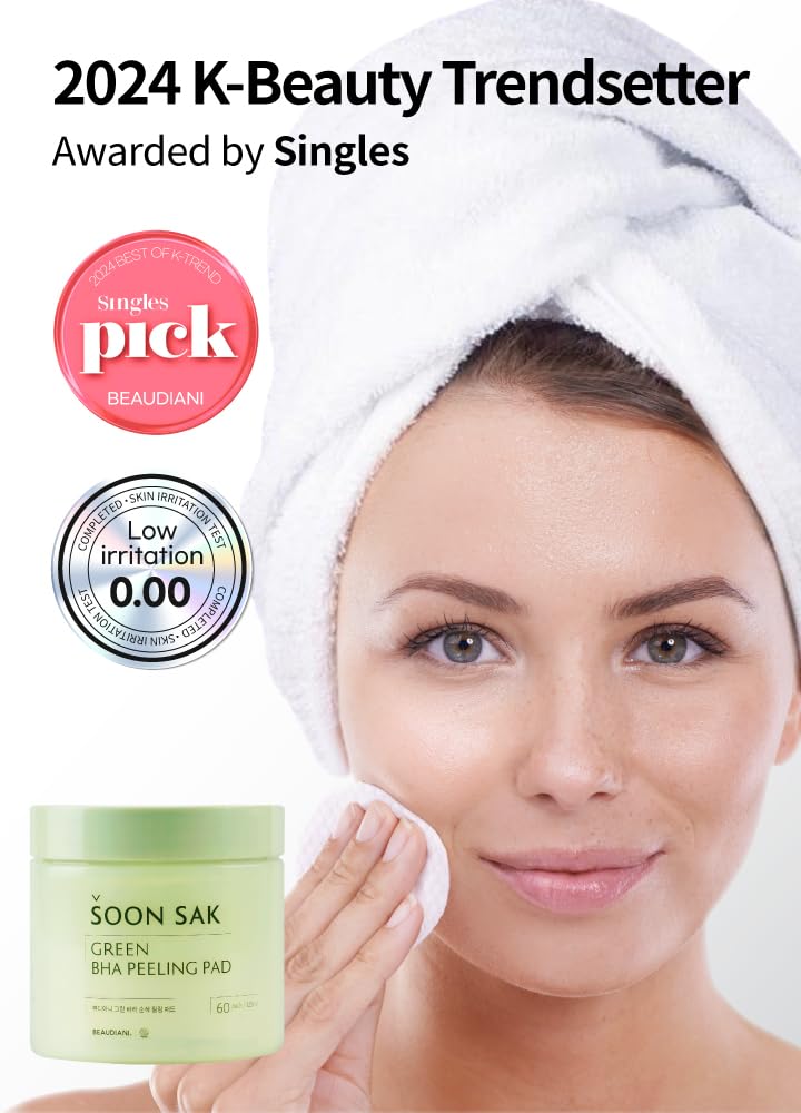 Green BHA soon sak peeling pad, 60pads, facial peel, Korean toner pads, exfoliator, pore tightening, soothing & hydrating, skincare pads, chemical peel, fruits extract