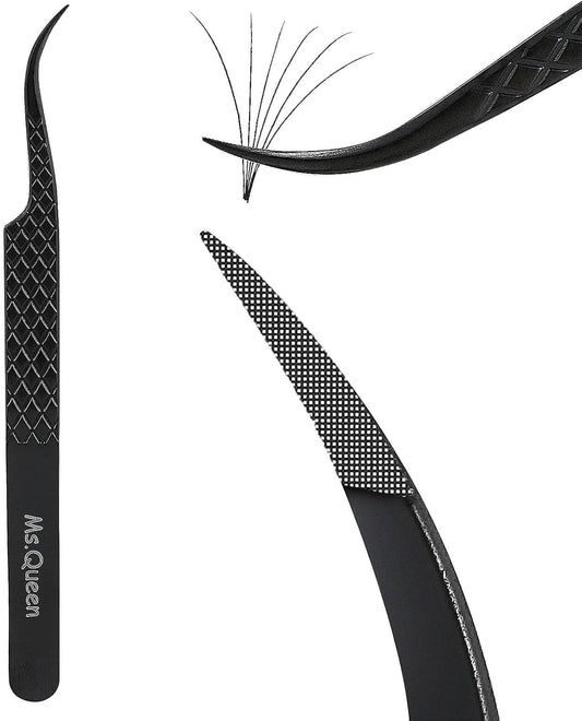 Ms.Queen Eyelash Extension Tweezers,Microfiber Tip Curved Lash Tweezers for Volume, Isolation& Classic Lashes Extensions,Black