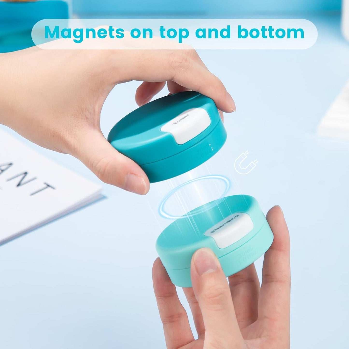 Gemice Travel Containers for Toiletries, Magnetic Travel Containers, TSA Approved Cream Jars with Toiletry Bag, Leak-proof Small 1oz Capsules Set with Multiple Labels for Organization (4 Pack)