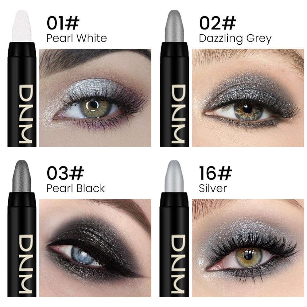 Kaely 4Pcs Metallic Shimmer Smoky Eye Shadow Sticks, Pearl White Dazzling Grey Gray Pearl Black Silver, Smokey Eyeliner Pencil Eyeshadow Palette Goth Halloween Makeup, Eye Brightener Stick for Women