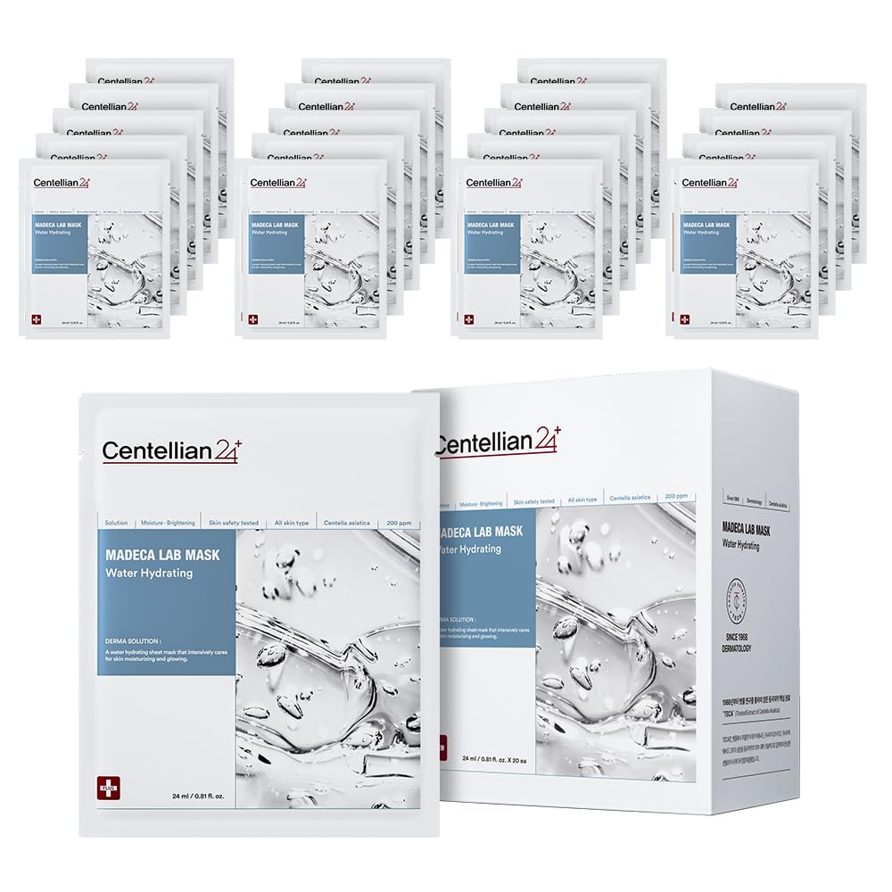 CENTELLIAN 24 Madeca Mask (Water Hydrating, 20pc) - Face Mask Sheet for Deep Hydration, Sun Damage with Centella Asiatica, TECA, Niacinamide, Ceramide. Korean Skin Care for Men Women by Dongkook