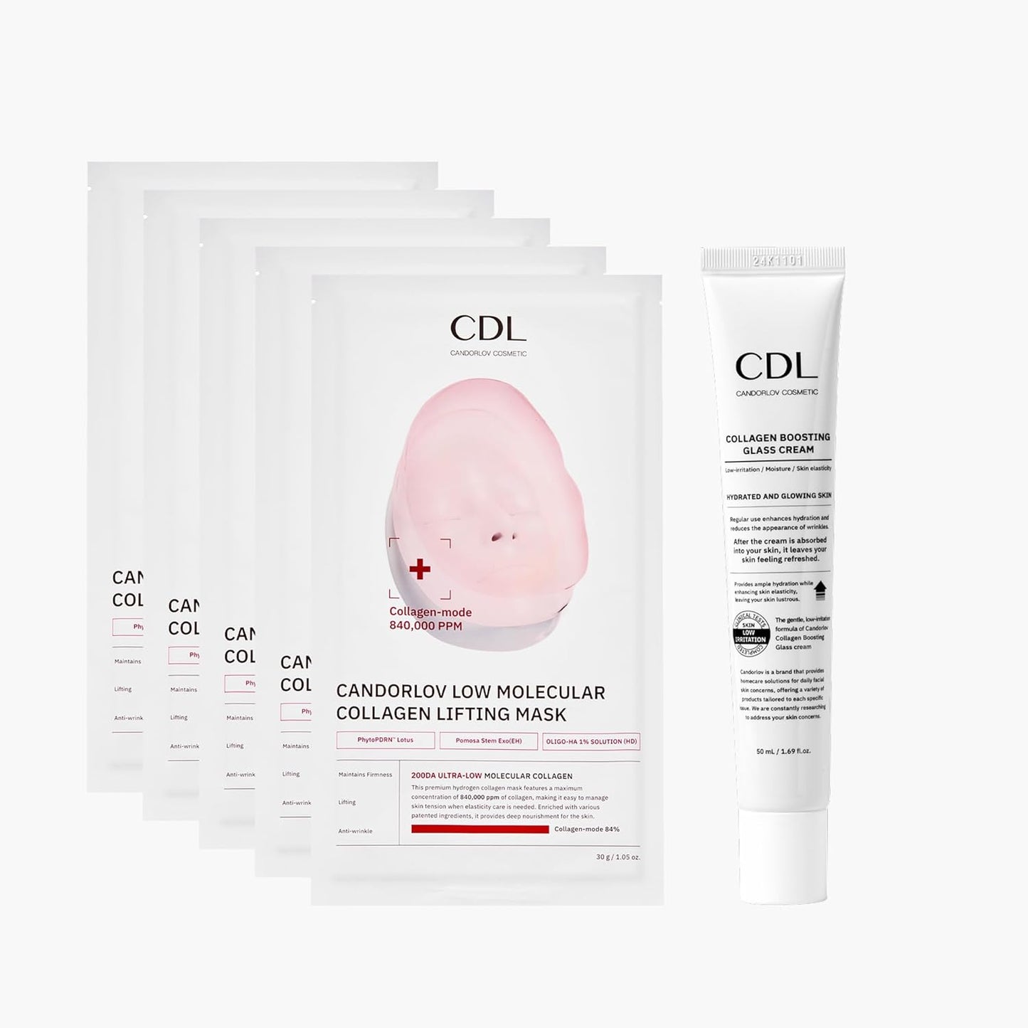 Korean Collagen Duo: Overnight Collagen Lifting Hydrogel Mask (5pcs) + 72HR Hydrating Glass Glow Cream with PDRN, Hyaluronic Acid & Low Molecular Collagen for Firm, Elastic, Radiant Skin