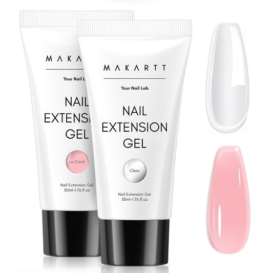 Makartt Poly Nail Gel Kit, 2PCs 50ML Clear & Nature Pink Colors, Large Capacity Poly Extension Nail Gel Kit, Strong Builder for Extension, 3D Diy Hard Gels Manicures Home Salon