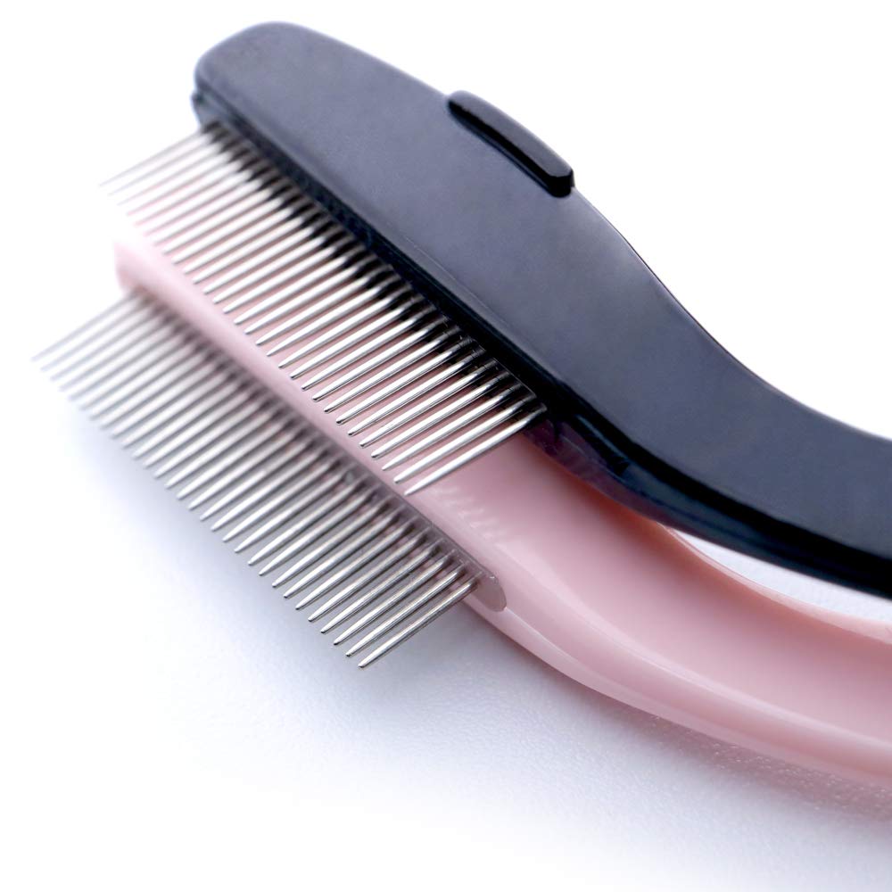 G2PLUS 4PCS Folding Eyelash Comb, Eyebrow Comb Metal Teeth, Eyelash Separator Comb, Eyelash Brush and Comb, Professional Tool for Define Lash & Brow (Pink+Black)