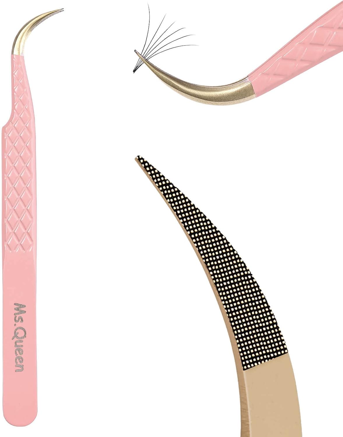 Ms.Queen Eyelash Extension Tweezers, Fiber Tip Grip Curved Lash Tweezers for Volume lashes Extensions