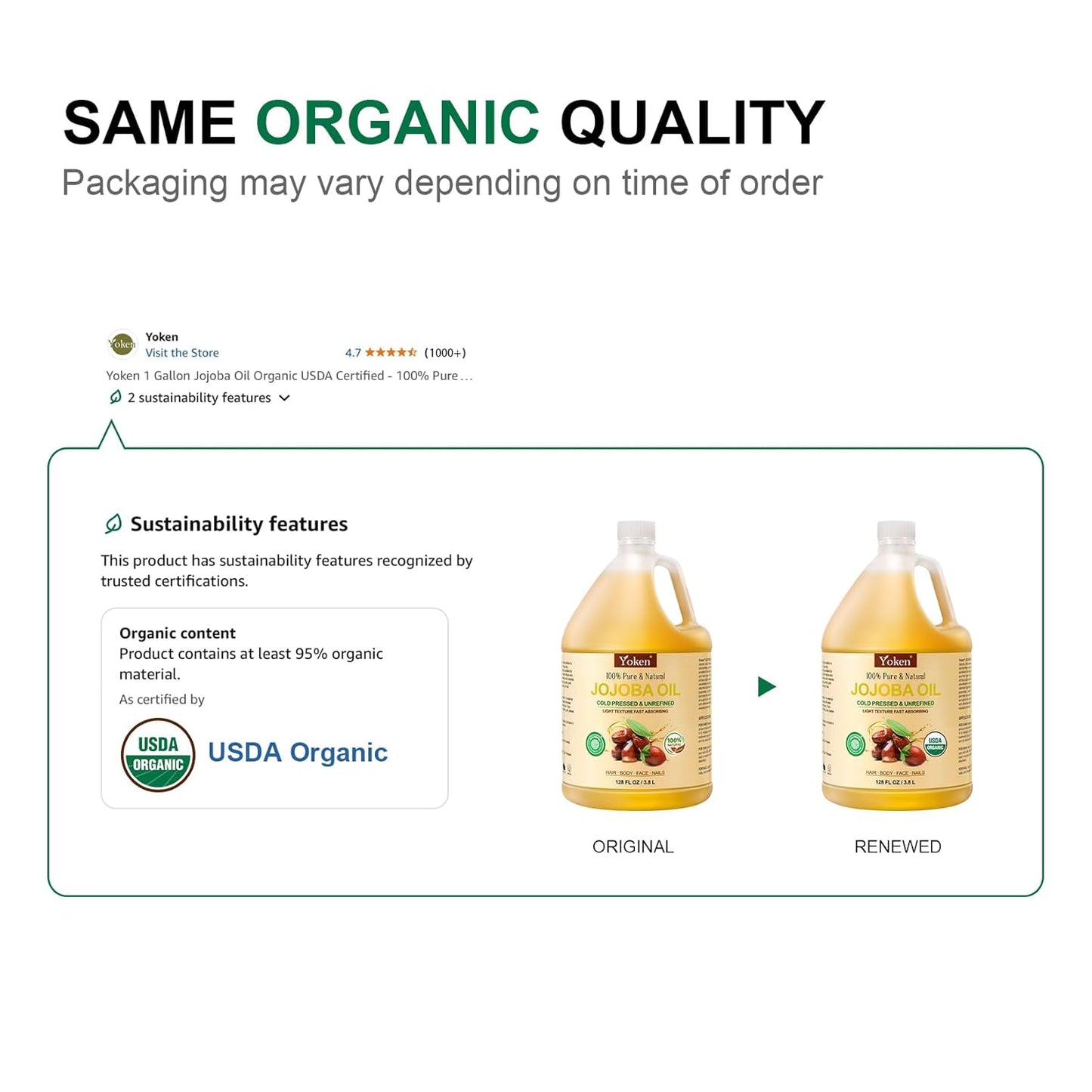 Yoken 1 Gallon Jojoba Oil EWG Verified - 100% Pure Jojoba Oils Bulk Cold Pressed Unrefined Hexane Free Virgin Golden jojoba Carrier Oil for Hair Skin Massage DIY Natural Body Moisturizer