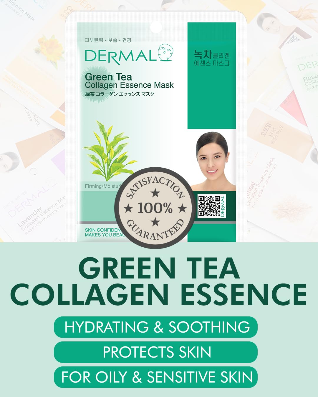 DERMAL Green Tea Collagen Essence Facial Mask Sheet 23g Pack of 10 - Hydrating and Soothing for Sensitive Oily Skin, Revitalize Dull Skin, Daily Skin Treatment Solution Sheet Mask