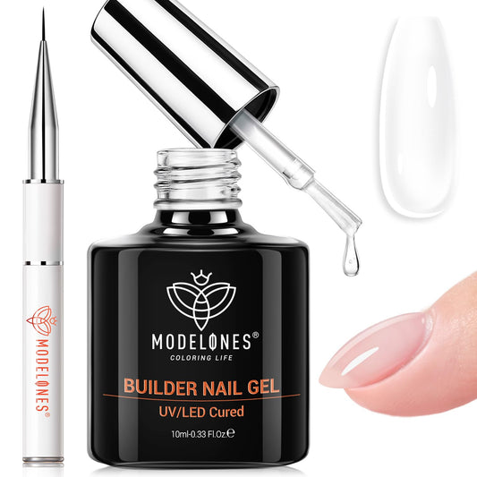 modelones Base Coat Builder Nail Gel, Clear Builder Nail Polish 7-in-One with Detachable Liner Nail Brush LED Lamp Cured Strengthener Color Rubber Base Coat for Apex Building Extension Thickening 10ml