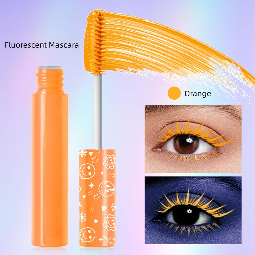 6 Colors Fluorescent Mascara, Glow Colored Mascara, Parties, Weddings, Stage Use, Party Night, Halloween Christmas Parties, High Pigmented, Apply to Eyelashes/Eyebrows/Hair (Orange)