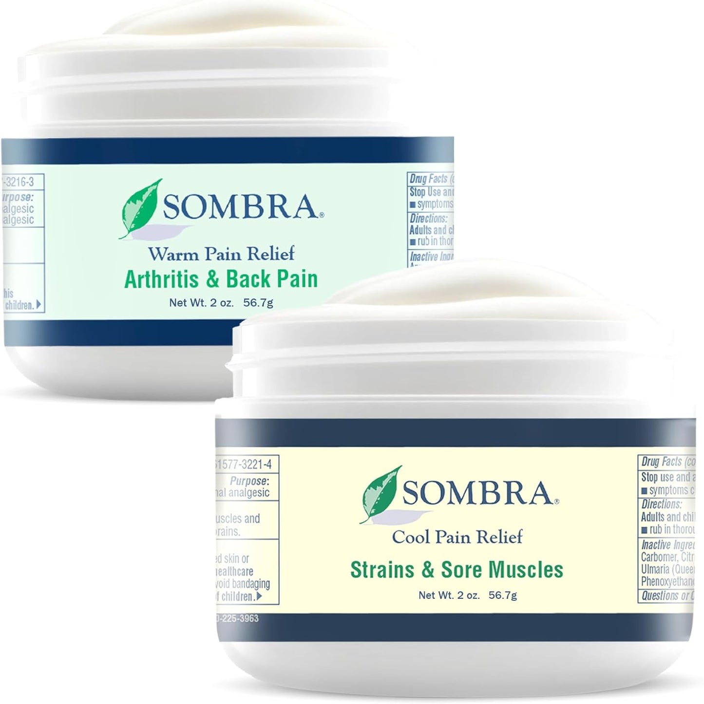 Sombra Warm & Cool Pain Relief Gel, Warm Relief for Arthritis and Chronic Pain Pre-Workout Muscle Rub, Cold for Swelling, Soreness, Post-Workout, Free of Artificial Fragrances, 2oz Per Jar