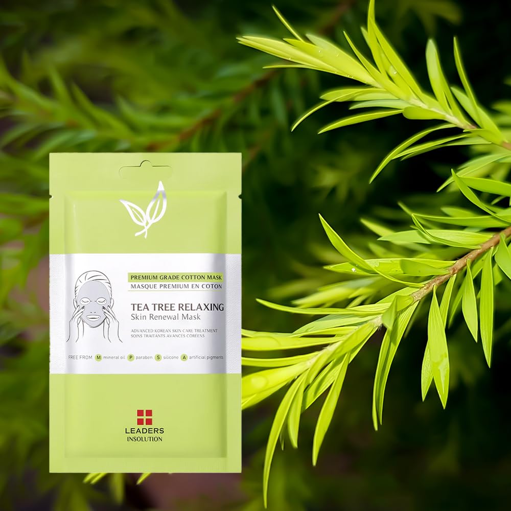Leaders Insolution Tea Tree Relaxing Skin Renewal Mask | Soothing Facial Sheet for Acne, Oil Control, and Sensitive Skin | Hydrating Botanicals | Calms Redness, Smooth (10 Sheets)