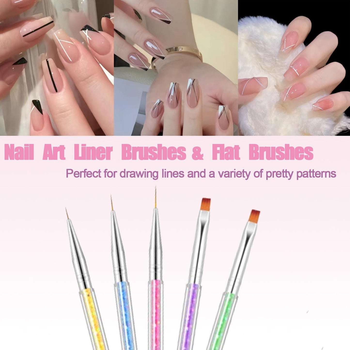 AIBEE Nail Art Brushes, 5pcs Double-Ended Acrylic Nail Brush Including 7/9/11mm Nail Liner Brush Flat Brushes and Nail Dotting Tools for Nail Art Design