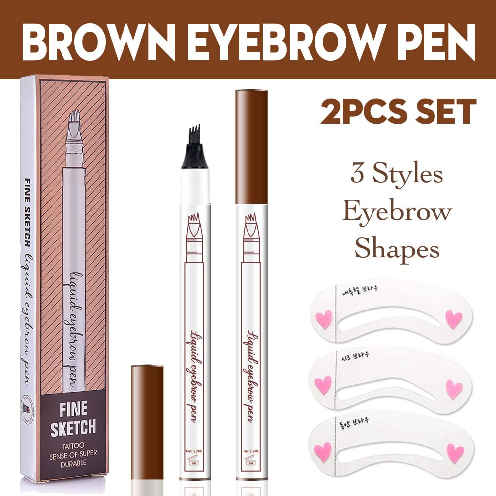 2 Pcs/Set Eyebrow Ink Pencil by Brow Stylist -Micro 4 Point Brow Pen Lift & Snatch Eyebrow Pen Kits with 3 Eyebrow Stencil Long-Lasting Waterproof Natural Eyebrow Hair (2# brown)