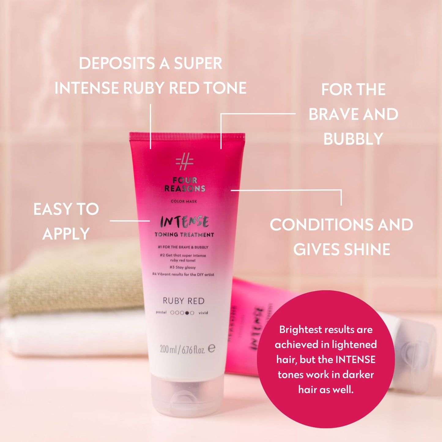 FOUR REASONS Color Mask INTENSE- Ruby Red, 6.76 fl oz - Semi Permanent Hair Dye for Lightened and Colored Hair, 100% Vegan Conditioner - Intensive Toning Treatment with 27 Colors - Cruelty Free