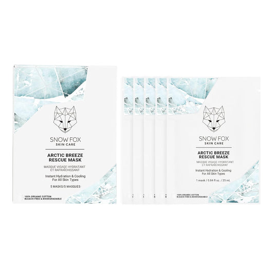 Snow Fox Skincare - Arctic Breeze Rescue Mask - Peppermint Oil, Aloe Vera, Seaweed Extract | Hydrating, Soothing Skin Redness & Irritation | Post-Sun Recovery | Premium Organic Cotton - 5 Pack