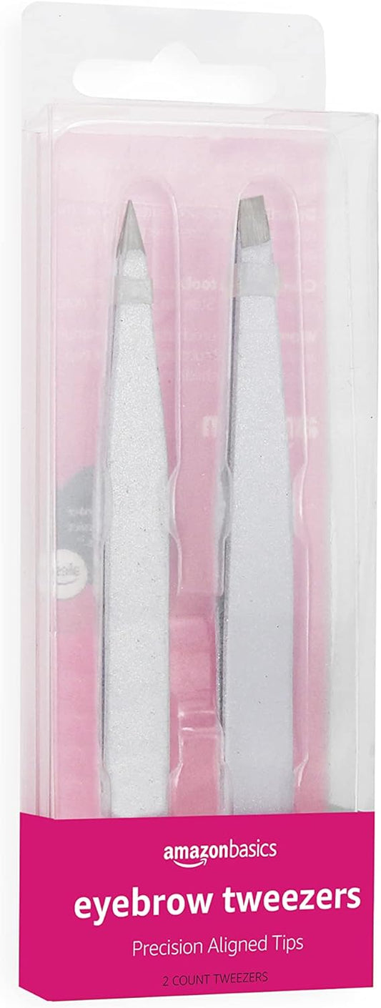 Amazon Basics Eyebrow Tweezers - Stainless Steel, 2 Pack