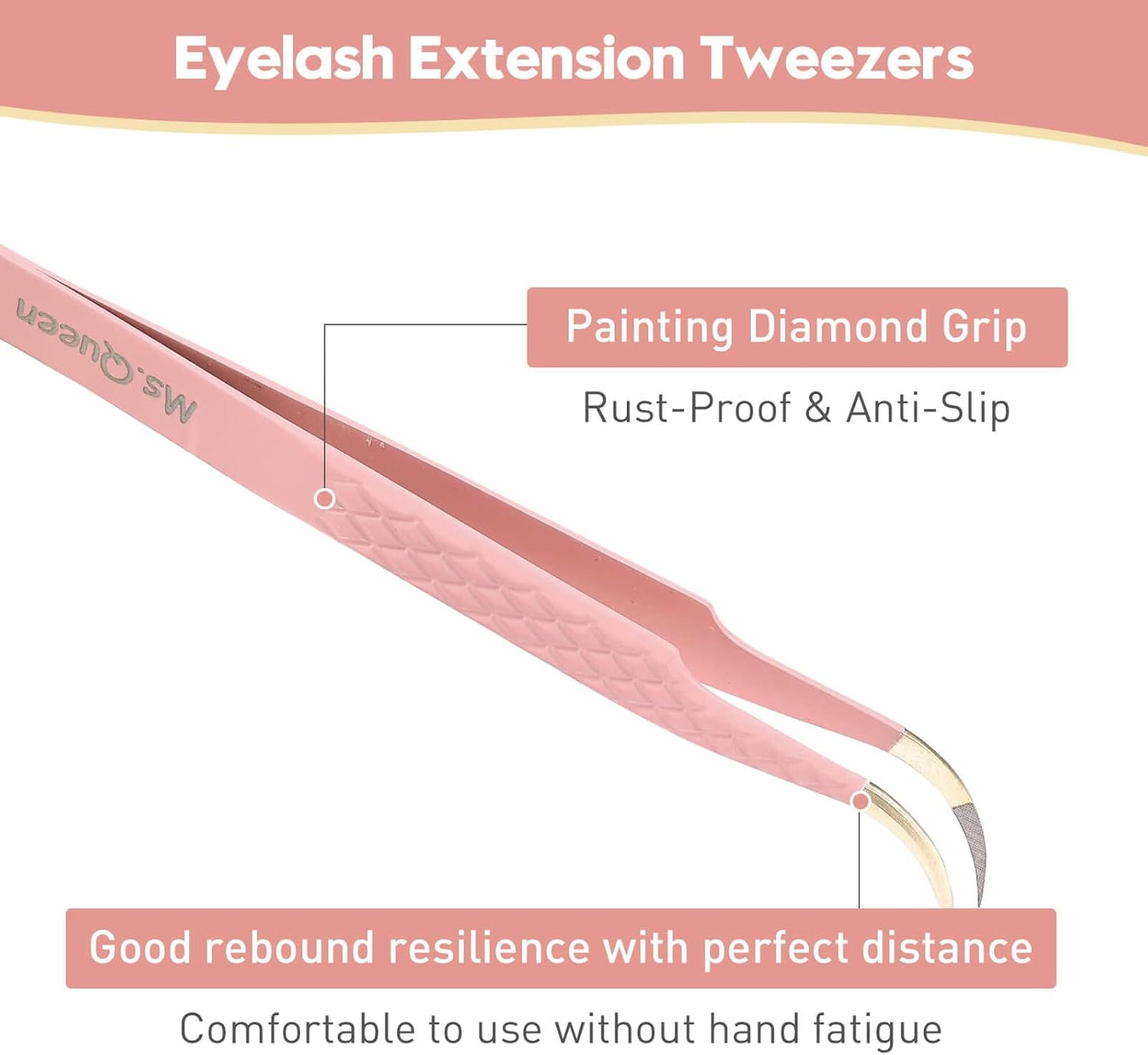 Ms.Queen Eyelash Extension Tweezers, Fiber Tip Grip Curved Lash Tweezers for Volume lashes Extensions