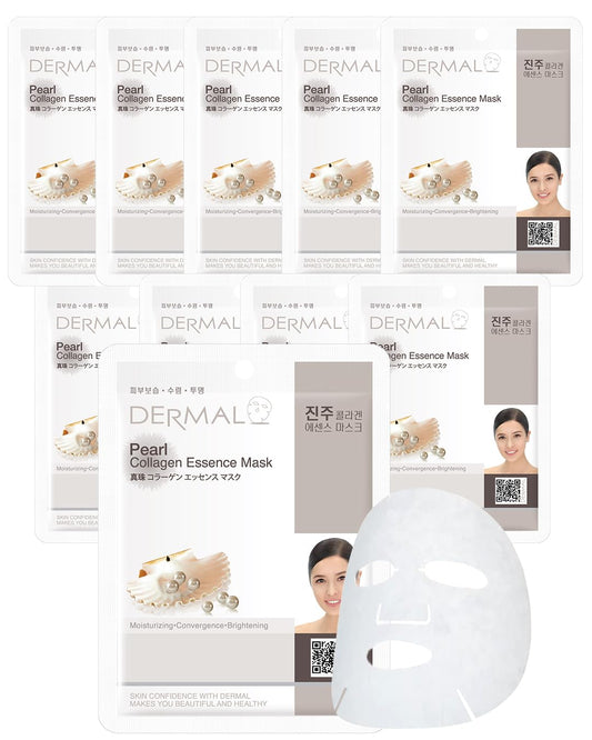 DERMAL Pearl Collagen Essence Facial Mask Sheet 23g Pack of 10 - Clarify Skin, Skin Smooth, Daily Skin Treatment Solution Sheet Mask