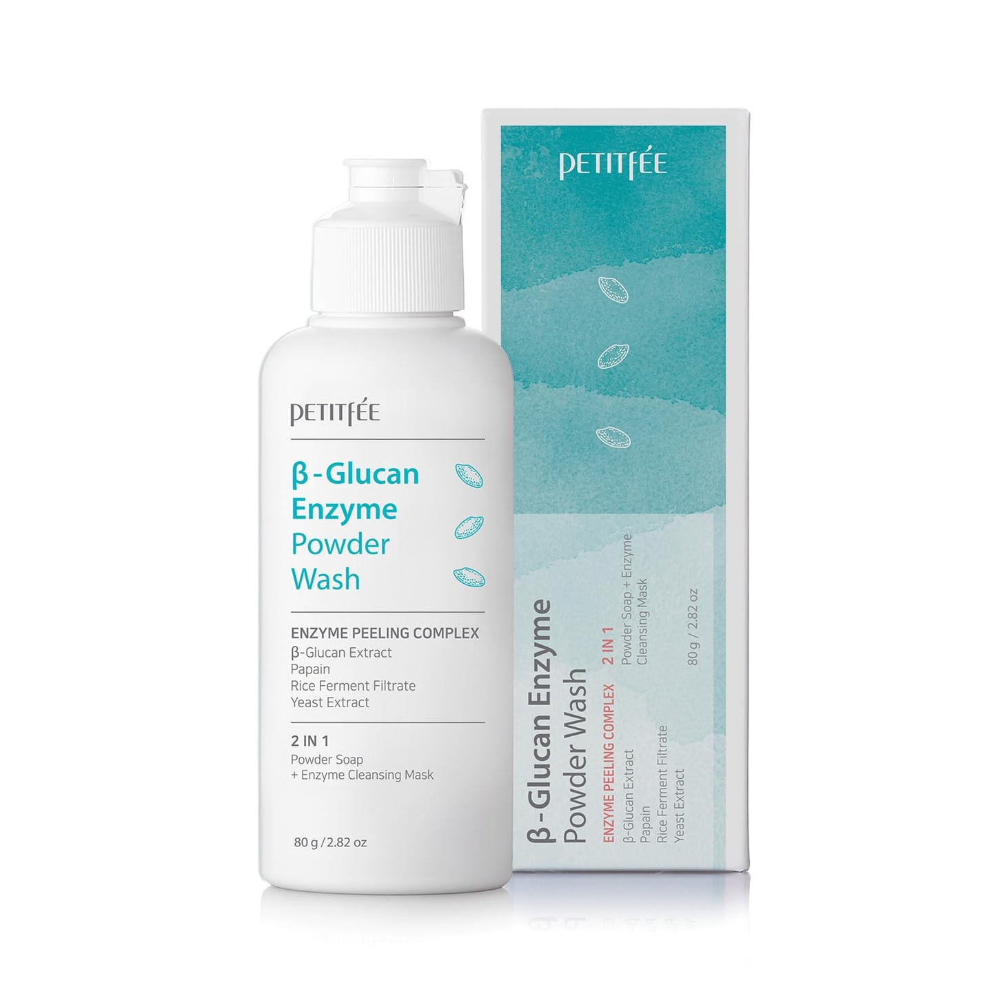 Petitfee B-Glucan Enzyme Wash, Facial Cleanser, Cleansing Powder with Papaya Extract Papain, Rice Ferment Extract for Gentle, Daily Exfoliation, Powder Soap, Cleansing Mask (80g (2.82o.z))