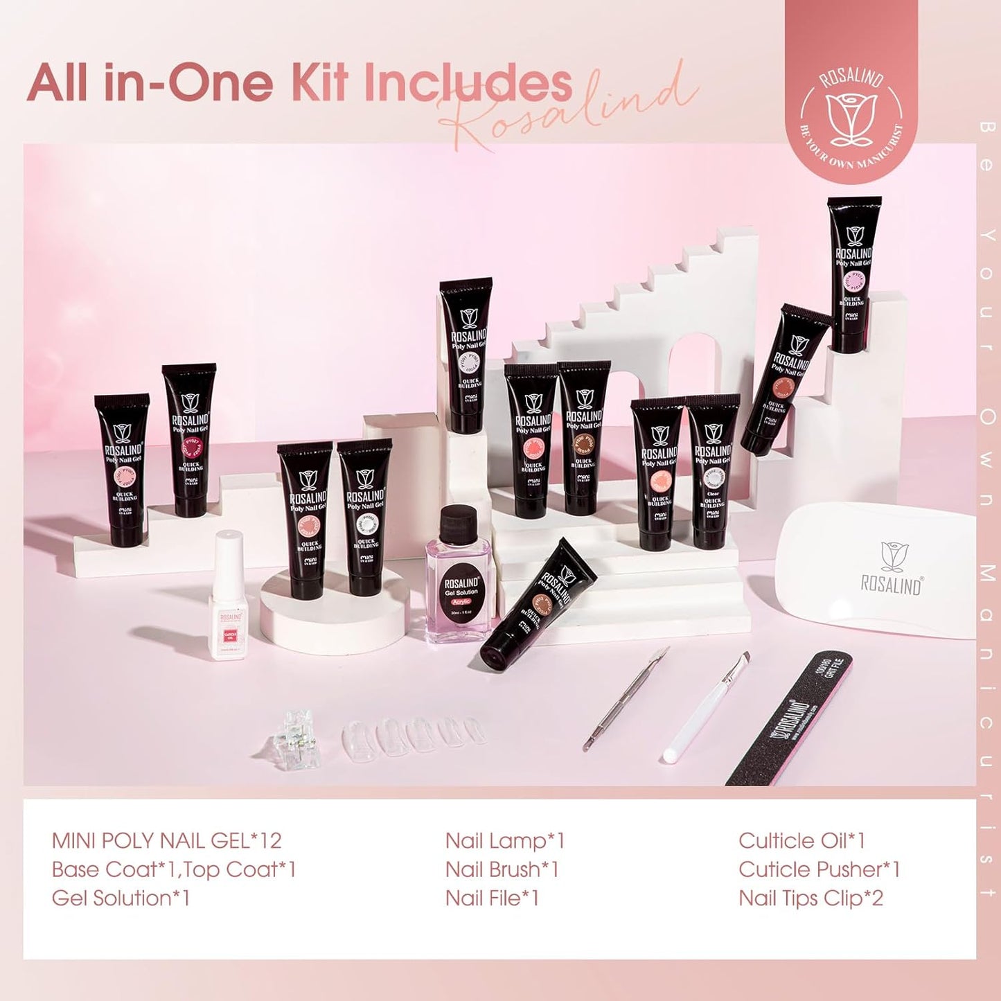 ROSALIND 12PCS Pink Brown Poly Nail Gel Kit with Mini Nail Lamp White Glitter Pink Poly Extension Gel Set