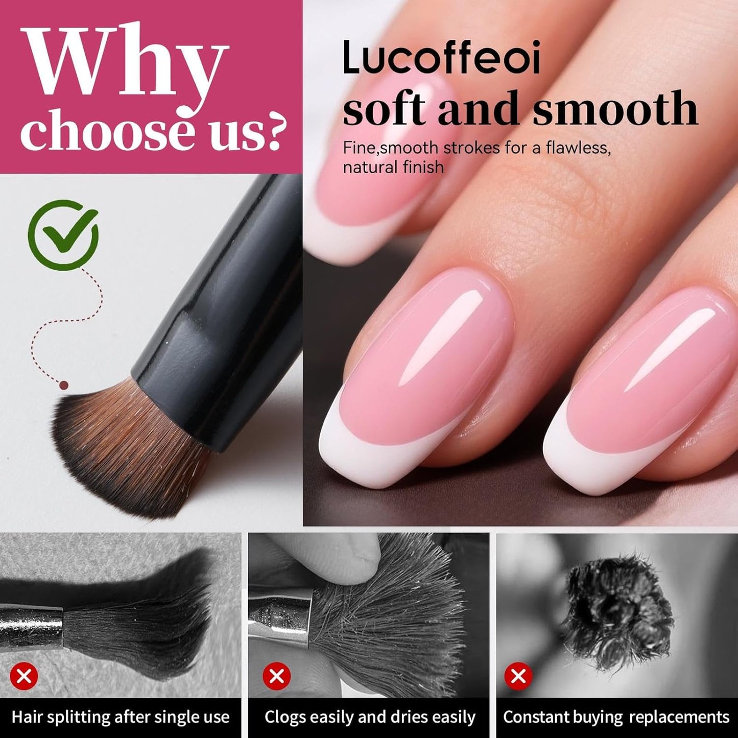 Nail Brush for French Tip, Nail Cleaning Brush for Gel & Acrylic - Professional Kolinsky Sable French Manicure Brush, Thin Nail Art Brush for Precise Clean Up & Polygel Application (Black, F14)