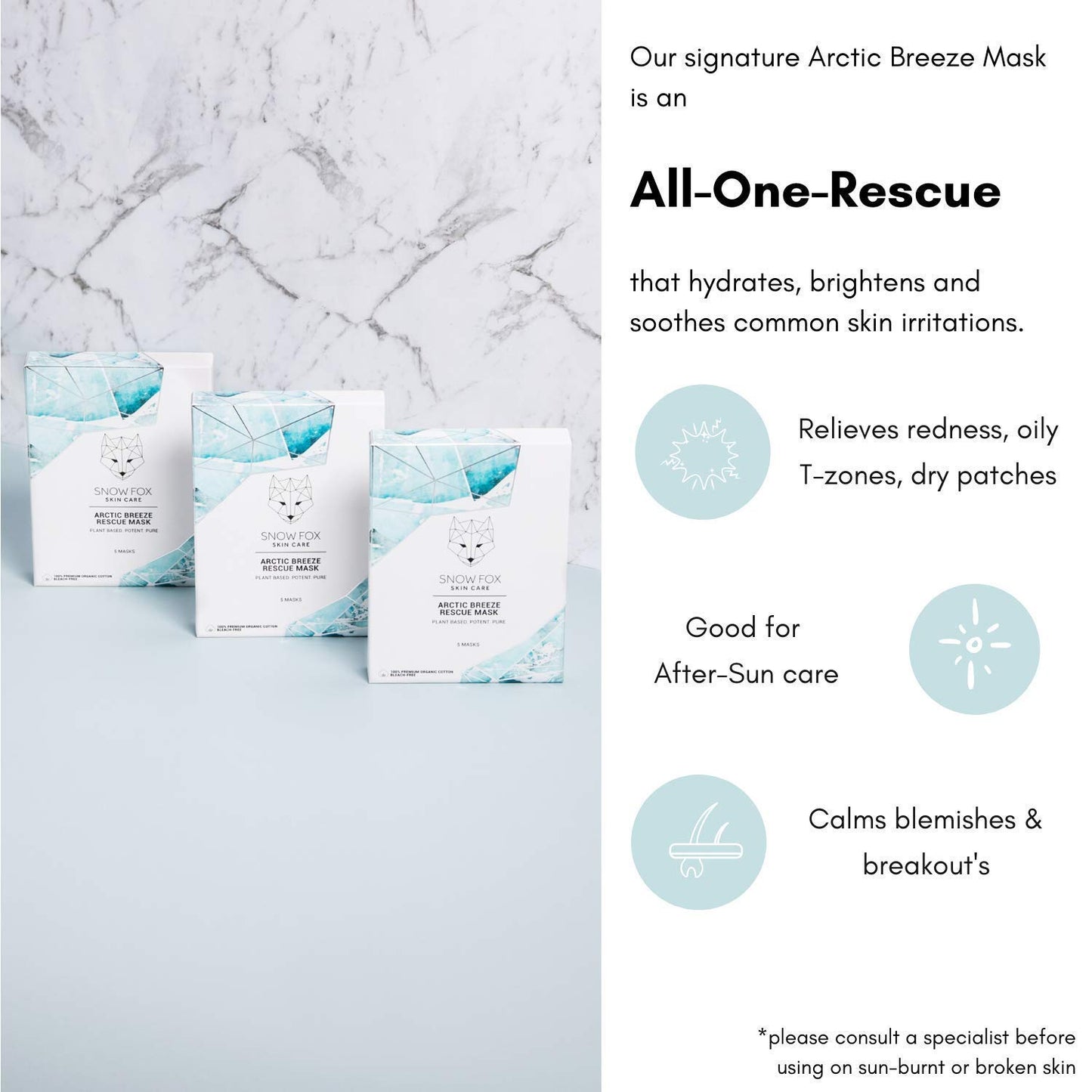 Snow Fox Skincare - Arctic Breeze Rescue Mask - Peppermint Oil, Aloe Vera, Seaweed Extract | Hydrating, Soothing Skin Redness & Irritation | Post-Sun Recovery | Premium Organic Cotton - 5 Pack